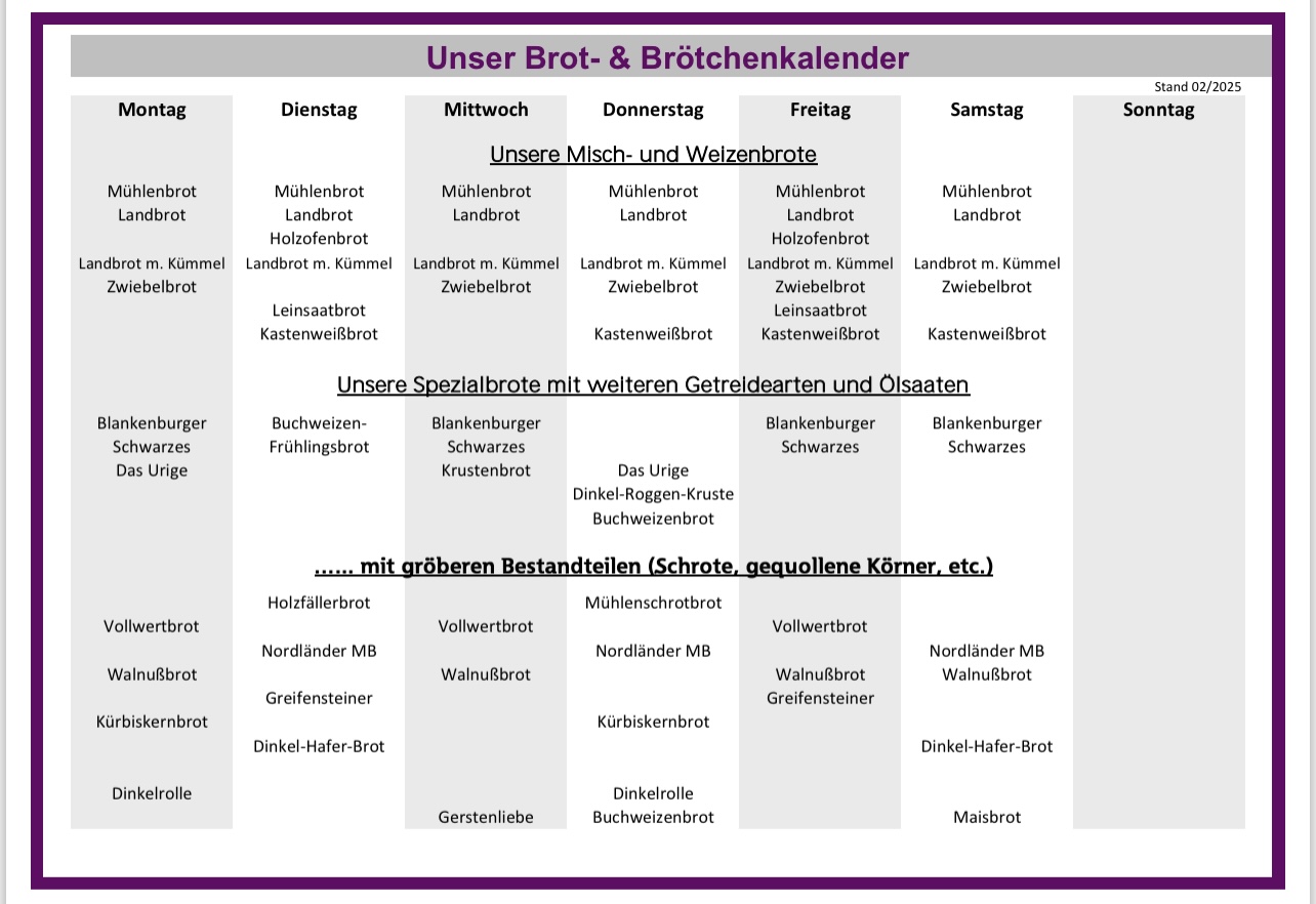 Unser Brötchen-Kalender – Vielfalt für jeden Tag Wochenübersicht über das Brötchensortiment der Stadtmühlenbäckerei Bielert mit Weizenbrötchen, Spezialbrötchen, Grillprodukten und Urgetreideprodukten (Stand: 02/2025).