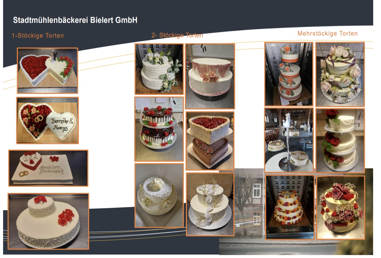 Hochzeitstorten-Auswahl der Stadtmühlenbäckerei Bielert Collage verschiedener Hochzeitstorten aus der Stadtmühlenbäckerei Bielert – ein- bis mehrstöckige Torten mit liebevollen Dekorationen aus Sahne, Früchten und Blumen.