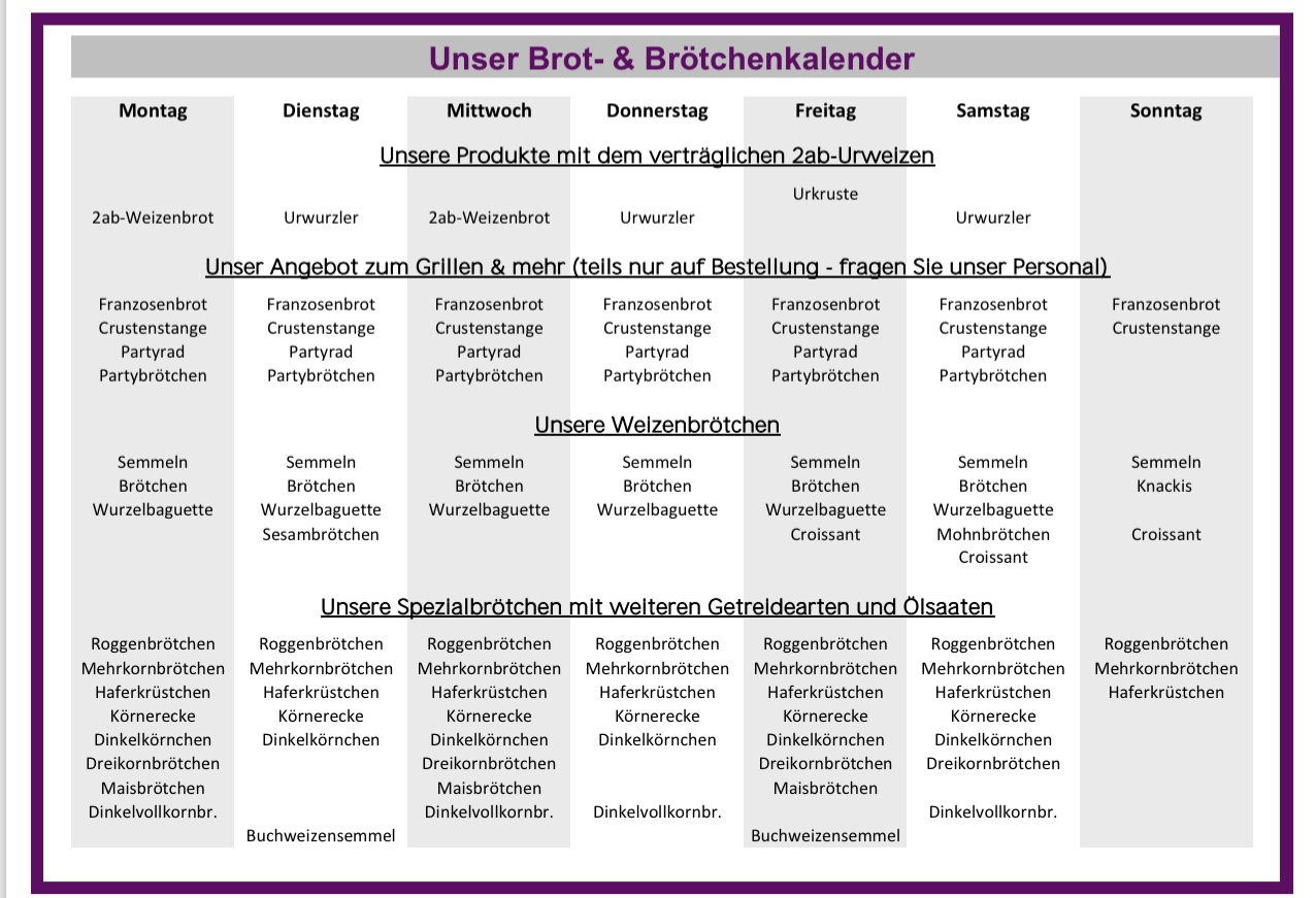 Unser Brot-Kalender – täglich frisch und abwechslungsreich Wochenübersicht über das Brotangebot der Stadtmühlenbäckerei Bielert mit täglich wechselnden Mischbroten, Spezialbroten und Körnerbroten (Stand: 02/2025).