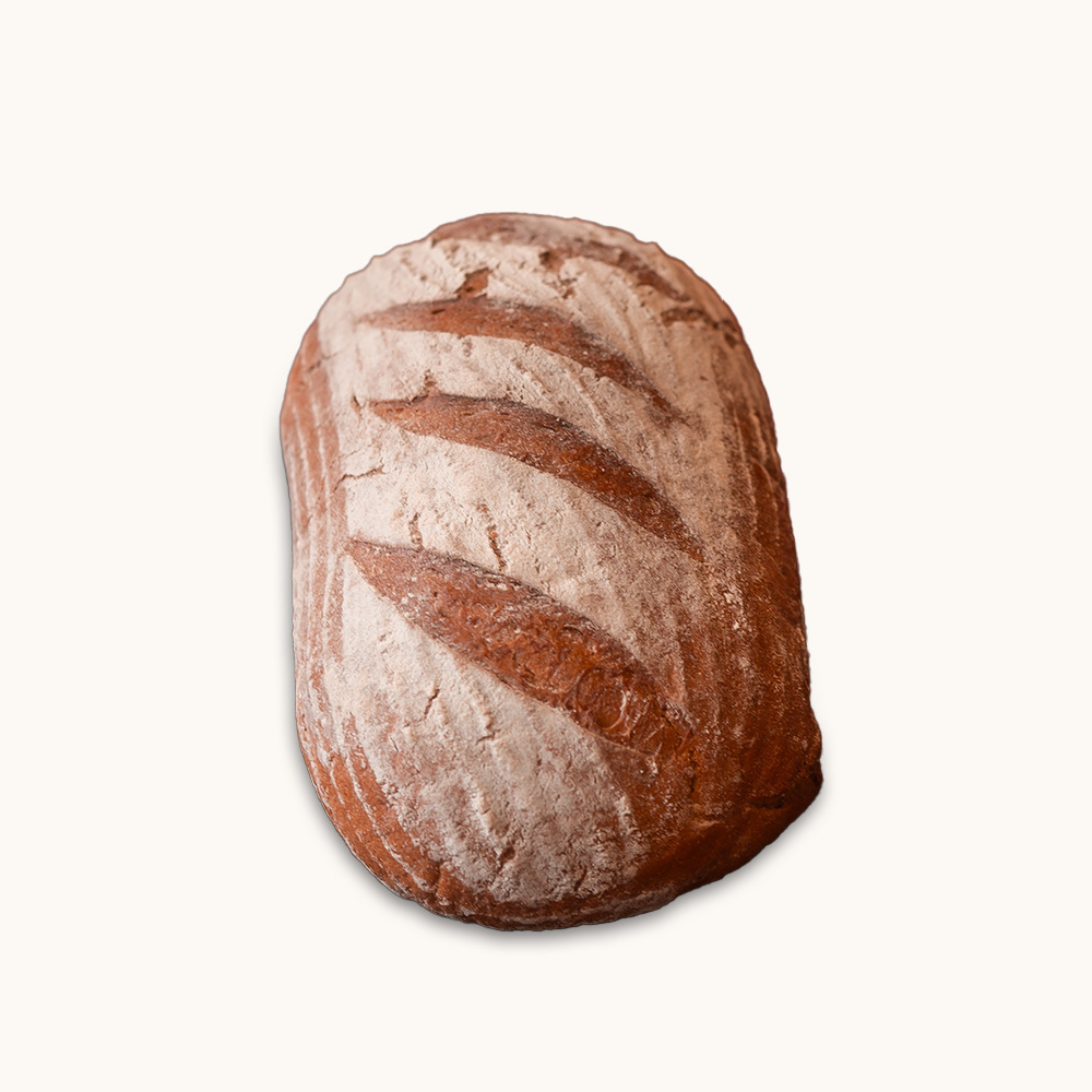 Rustikales, mehlig bestäubtes Landbrot mit mehreren schrägen Einschnitten auf der Oberseite.