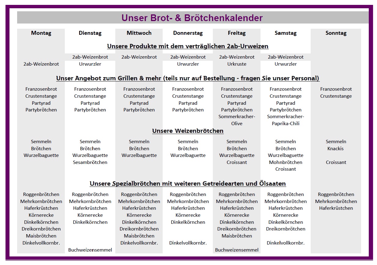 Broetchenkalender 2025 Wochenübersicht über das Brotangebot der Stadtmühlenbäckerei Bielert mit täglich wechselnden Mischbroten, Spezialbroten und Körnerbroten (Stand: 02/2025).