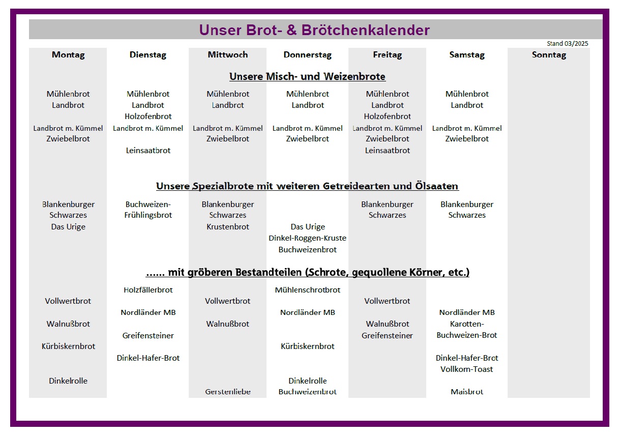 Brotkalender 2025 Wochenübersicht über das Brötchensortiment der Stadtmühlenbäckerei Bielert mit Weizenbrötchen, Spezialbrötchen, Grillprodukten und Urgetreideprodukten (Stand: 02/2025).