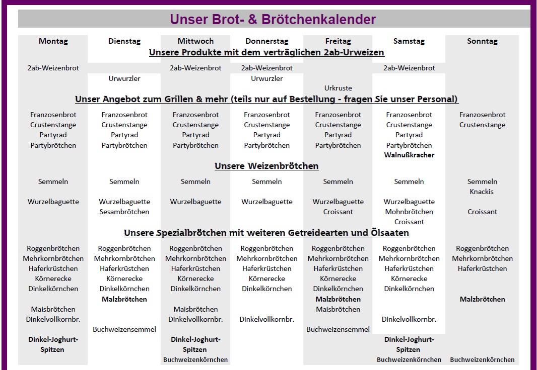 Wochenübersicht über das Brotangebot der Stadtmühlenbäckerei Bielert mit täglich wechselnden Mischbroten, Spezialbroten und Körnerbroten (Stand: 02/2025).