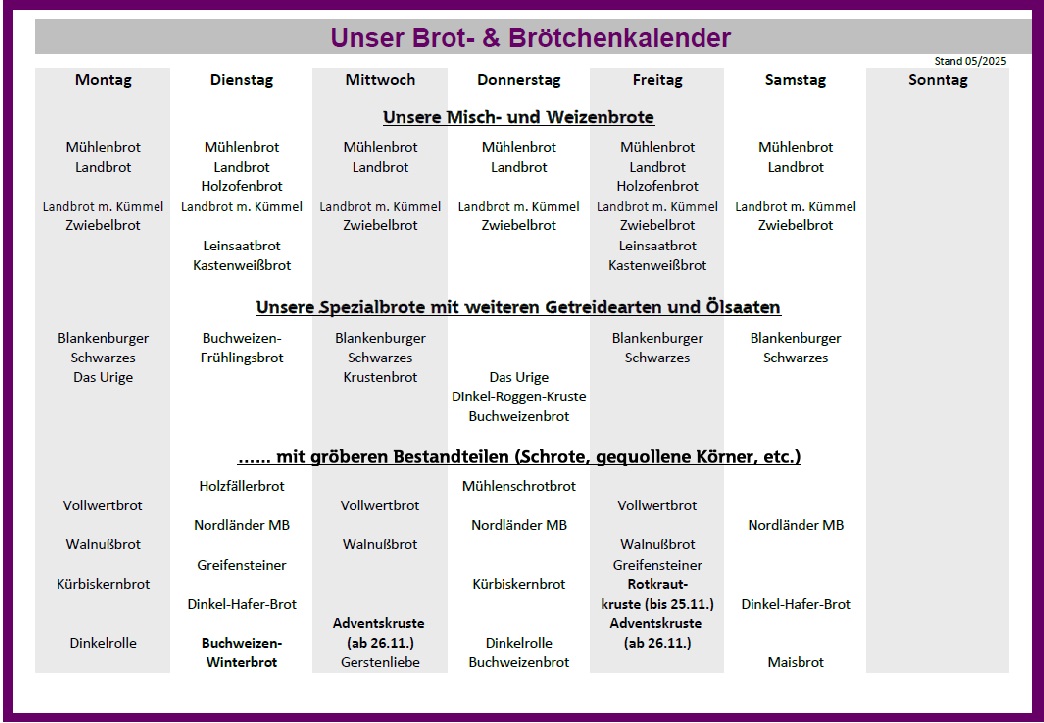 Wochenübersicht über das Brötchensortiment der Stadtmühlenbäckerei Bielert mit Weizenbrötchen, Spezialbrötchen, Grillprodukten und Urgetreideprodukten (Stand: 02/2025).