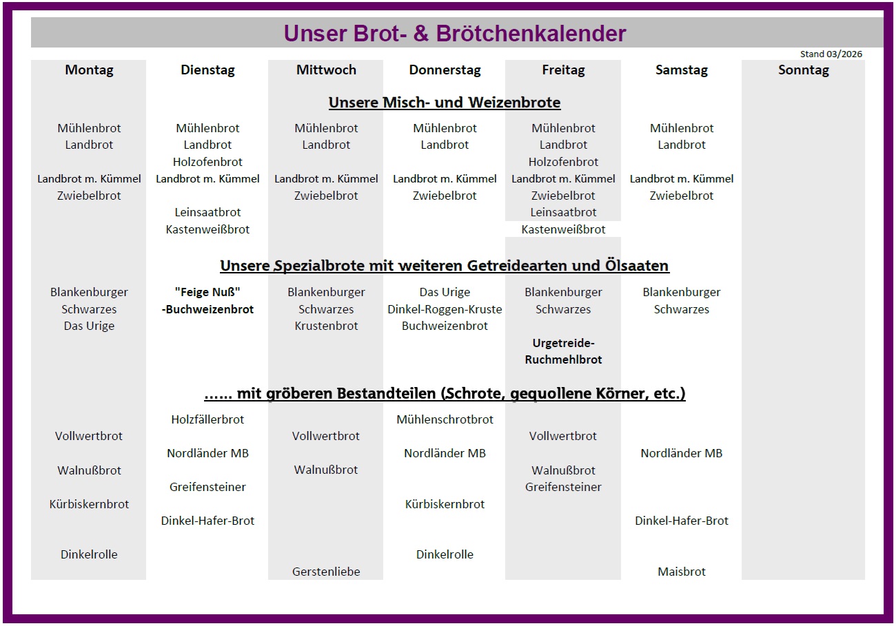 Wochenübersicht über das Brötchensortiment der Stadtmühlenbäckerei Bielert mit Weizenbrötchen, Spezialbrötchen, Grillprodukten und Urgetreideprodukten (Stand: 02/2025).