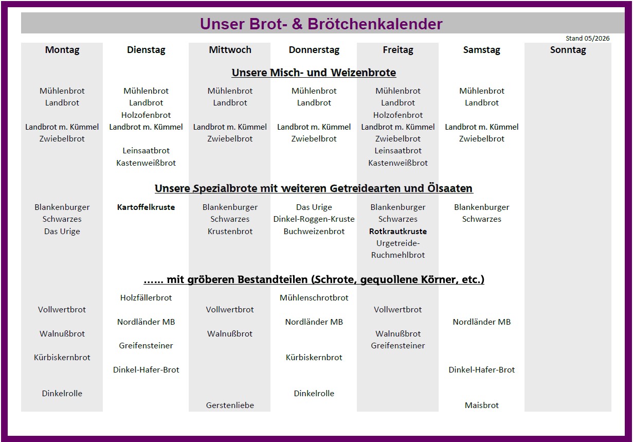 Wochenübersicht über das Brötchensortiment der Stadtmühlenbäckerei Bielert mit Weizenbrötchen, Spezialbrötchen, Grillprodukten und Urgetreideprodukten (Stand: 02/2025).